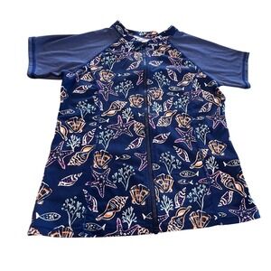 Garnet Hill Kids Size 12 Navy Blue Seashell Starfish Rash Guard‎ Swim Zip